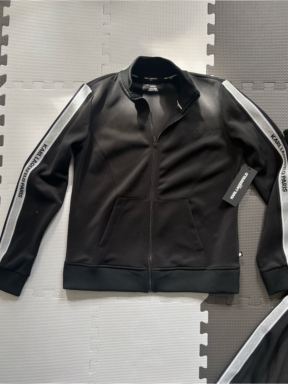 Karl Lagerfeld Black Track Jacket with Silver Side Stripes and matching pants - Picture 5 of 9